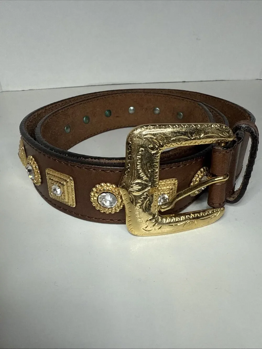 Saks Fifth Avenue Leather Studded Embellished Belt Brown Made In Italy Size L